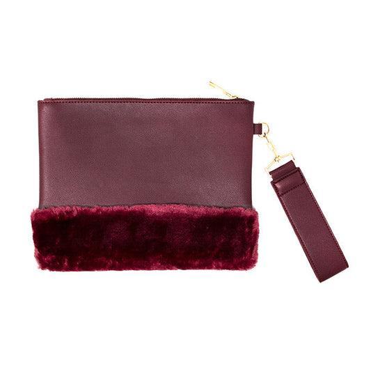 Vegan Faux Fur Trim Clutch Wristlet Bag Evening Bag
