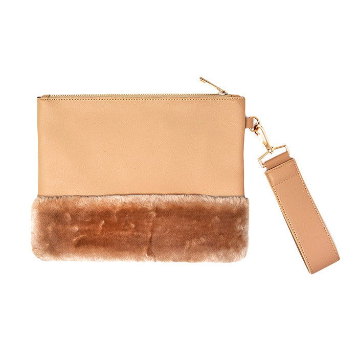 Vegan Faux Fur Trim Clutch Wristlet Bag Evening Bag
