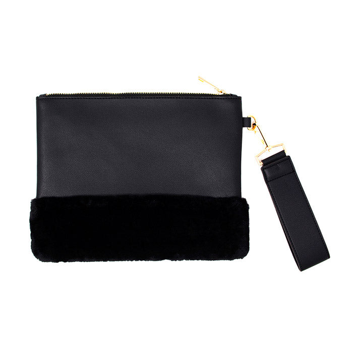 Vegan Faux Fur Trim Clutch Wristlet Bag Evening Bag