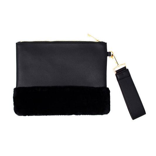 Vegan Faux Fur Trim Clutch Wristlet Bag Evening Bag