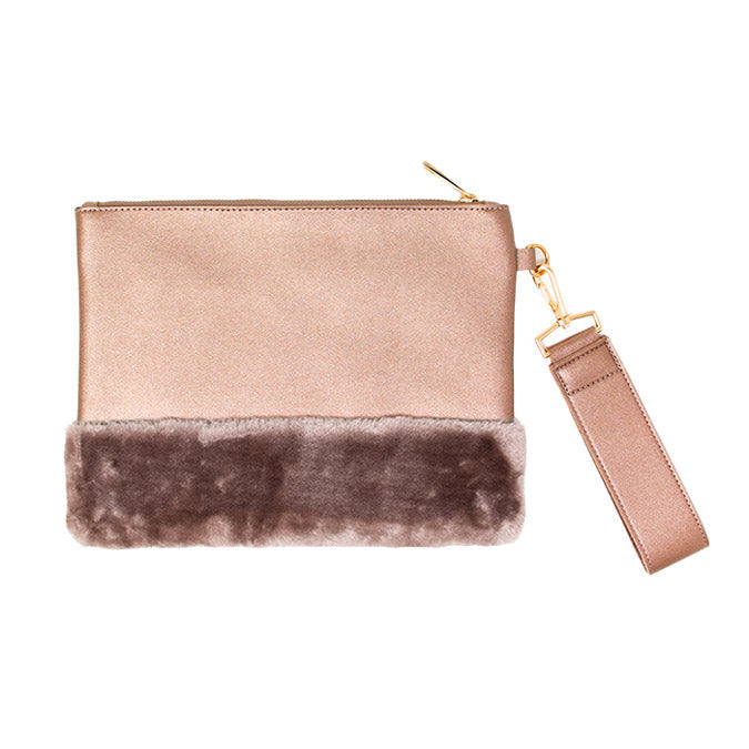 Vegan Faux Fur Trim Clutch Wristlet Bag Evening Bag