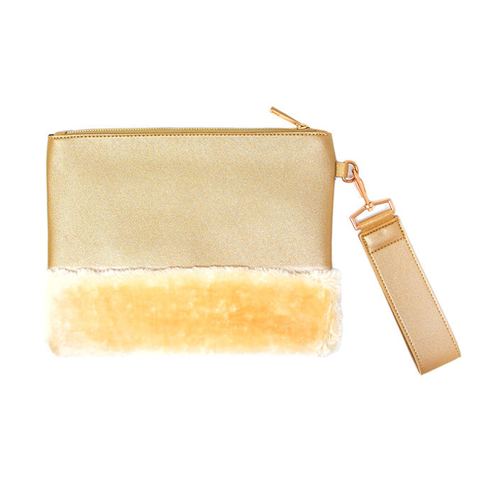 Vegan Faux Fur Trim Clutch Wristlet Bag Evening Bag