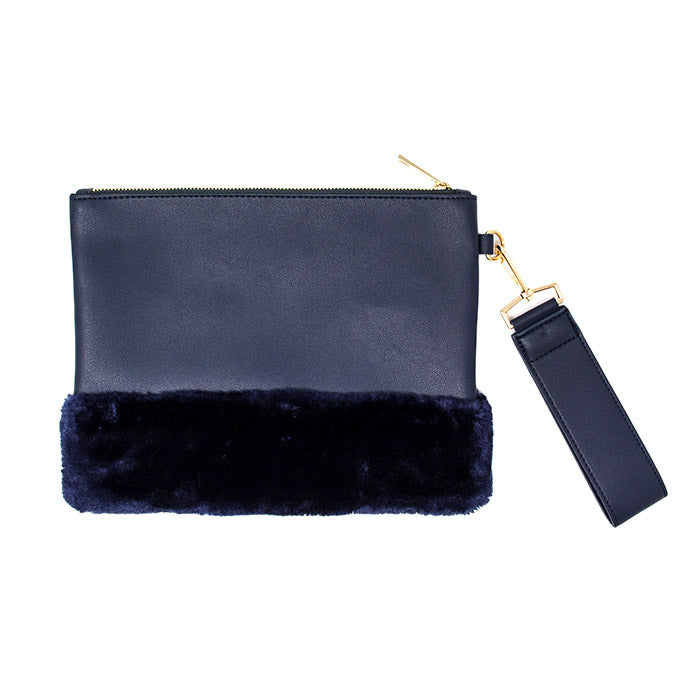Vegan Faux Fur Trim Clutch Wristlet Bag Evening Bag