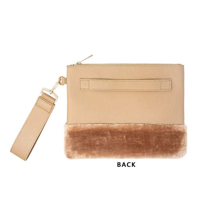 Vegan Faux Fur Trim Clutch Wristlet Bag Evening Bag