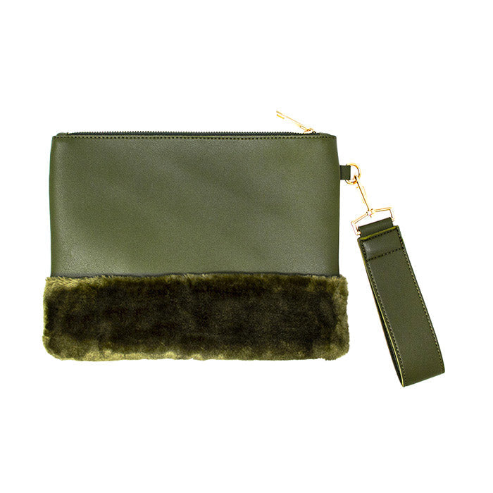 Vegan Faux Fur Trim Clutch Wristlet Bag Evening Bag